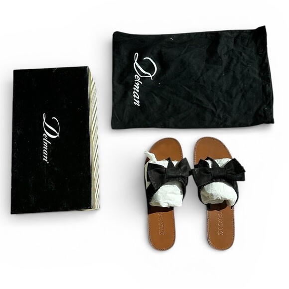 Delman Sunny Slide Sandals Womens 7.5 Black Bow Flat Slip On w/ Box - Picture 2 of 5